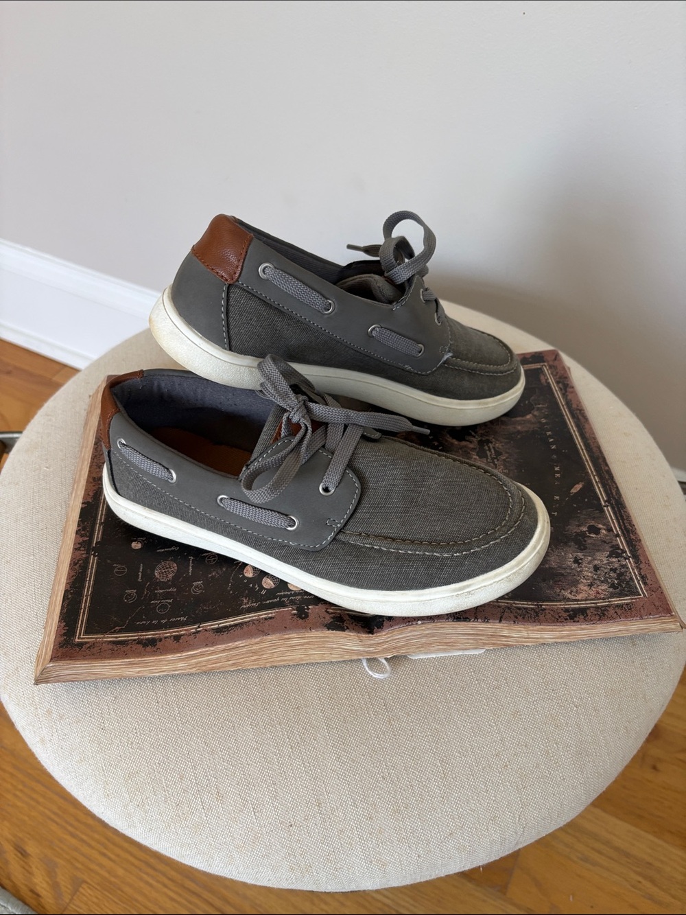 Sonoma Boys Casual Gray Canvas Boat Shoes with Brown Accent.. only worn once!